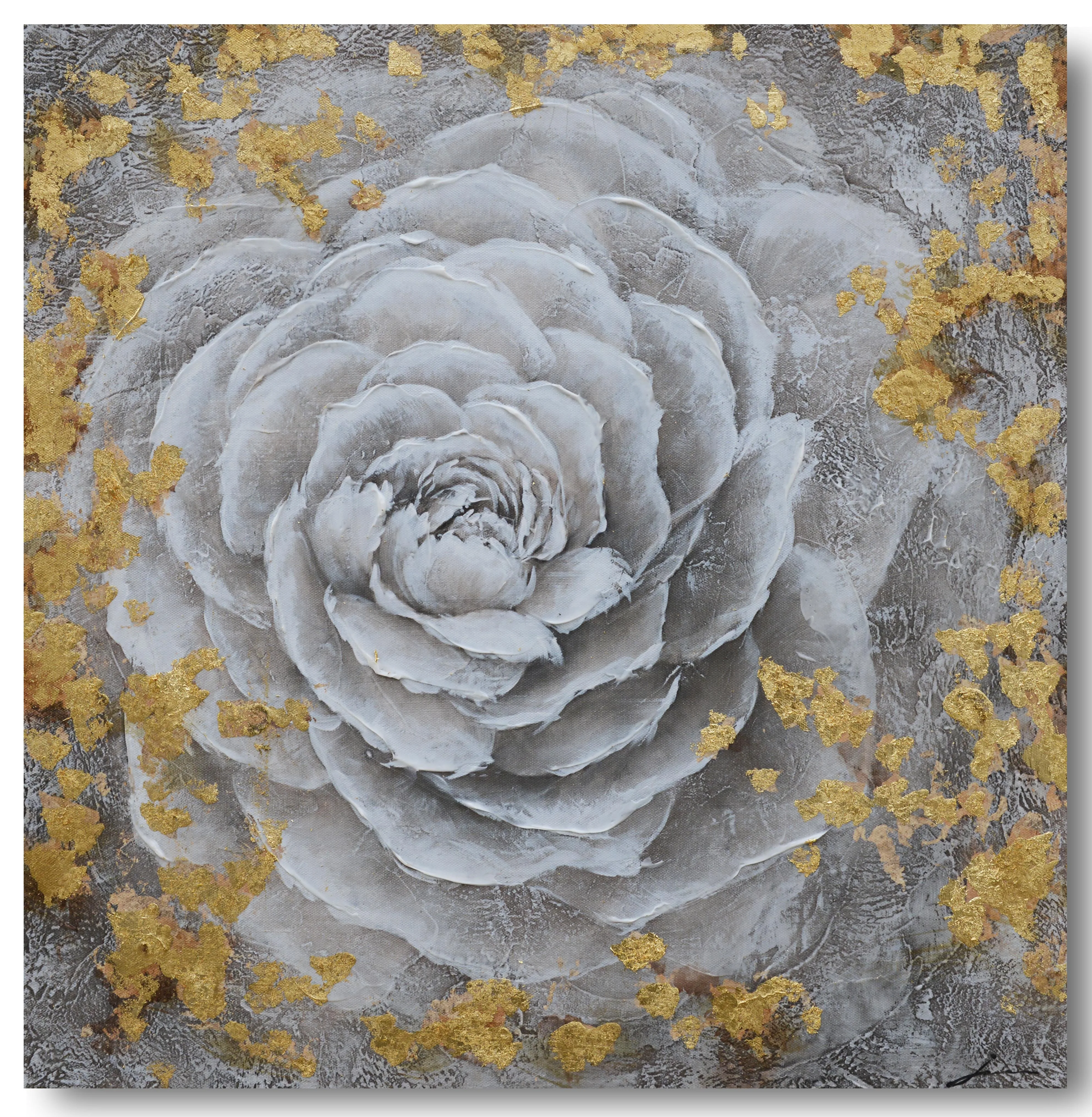 手绘现代白花与金箔打印艺术品图片与点缀在画布上的卧室装饰