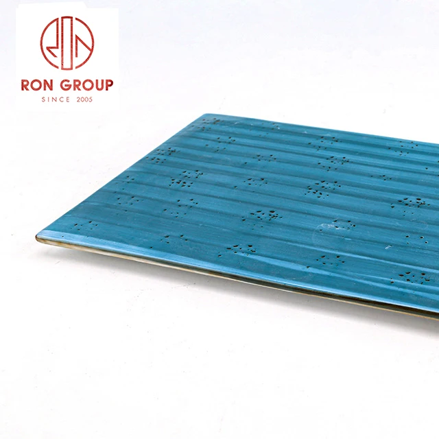 hot sale 10 12 14 inch wedding hotel dishes set dinnerware blue flat ceramic rectangle plates for restaurant