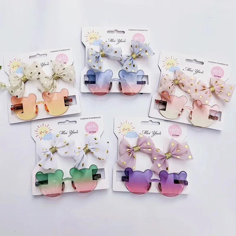 

Cute Anti-UV Cartoon Flower Sunglasses 2pcs/set Kids Photo Props Gift Baby Girls Sunglass And Bow Knot Hairband Set Accessories