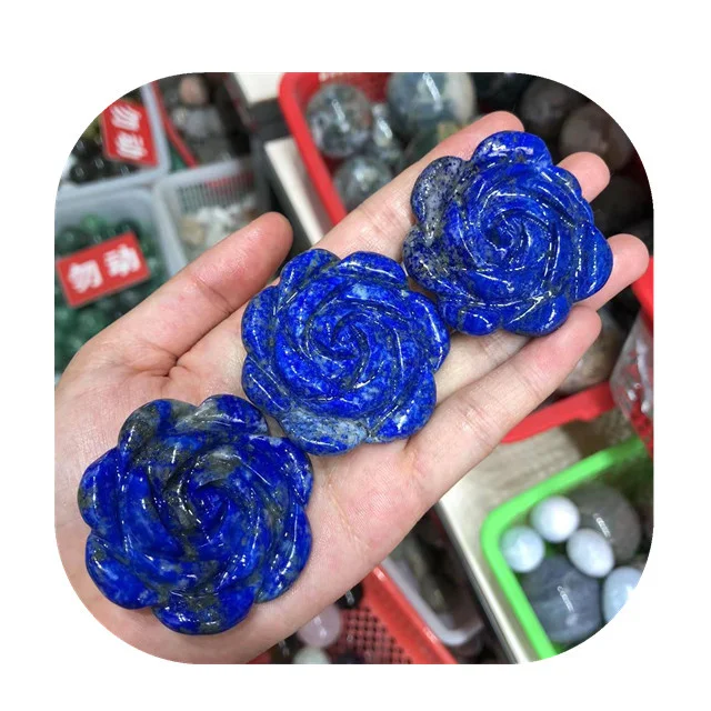 

New arrivals 50mm high quality carved crystals healing crafts natural blue lapis lazuli rose flower for sale