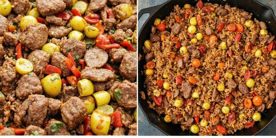 Ground beef jambalaya in a pot with spices