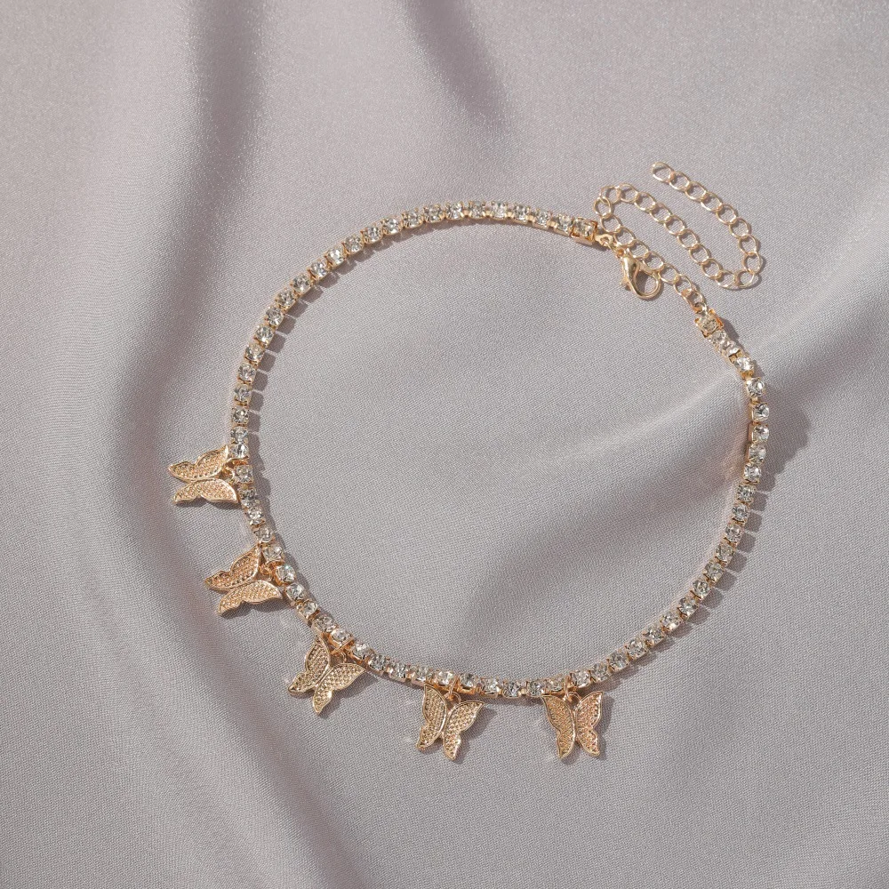 

New Glitter Cuban Link Chains Rose Gold Butterfly Pendant Necklace Tennis Choker Rhinestone Claw Chain Ladies Jewelry Necklace
