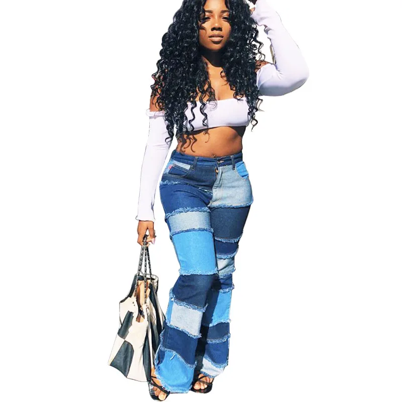 

2020 fashion women jeans plus size S-3XL patchwork high waist Flared trousers elastic trend tight denim pants jeans, Picture color