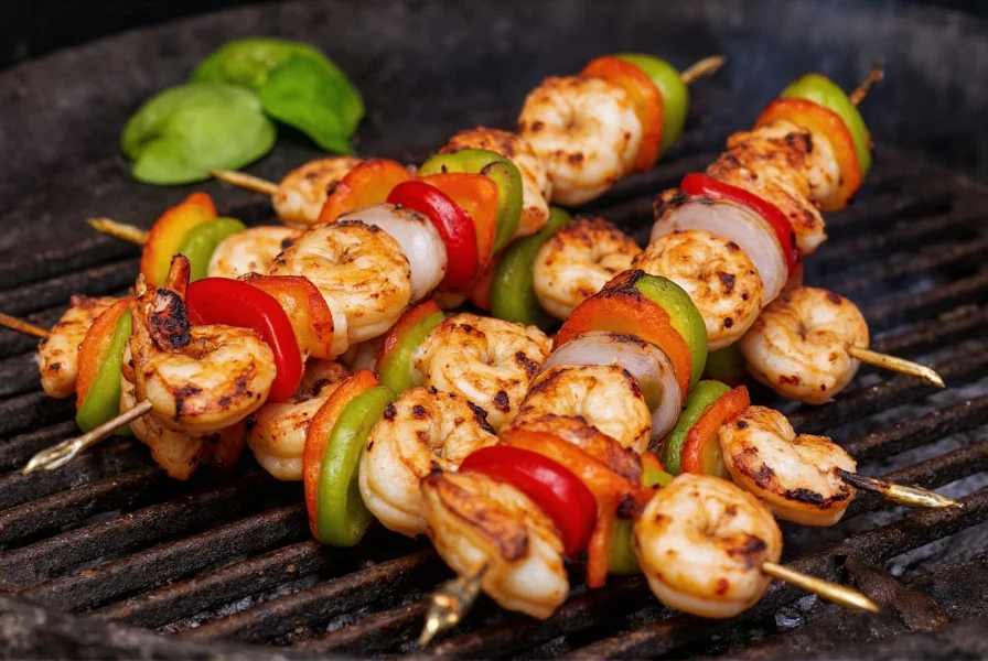 Grilled chili lime shrimp skewers with bell peppers and onions on barbecue
