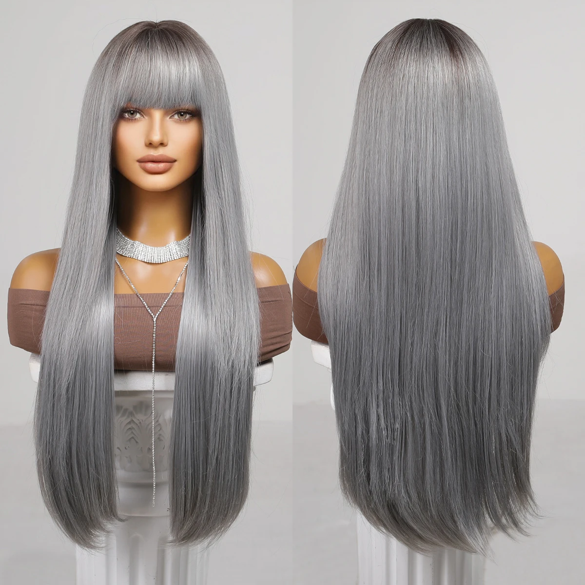 Black Fundamental Gray Silver Wig Straight Hair with Bangs Women Heat Resistant Fiber Soft Matte Durable Real Photo High Density