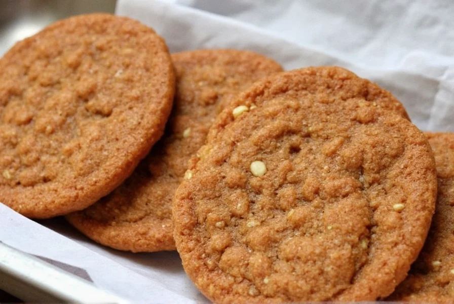Close-up photograph of perfectly baked ginger snap cookies showing characteristic cracking surface on wooden baking sheet