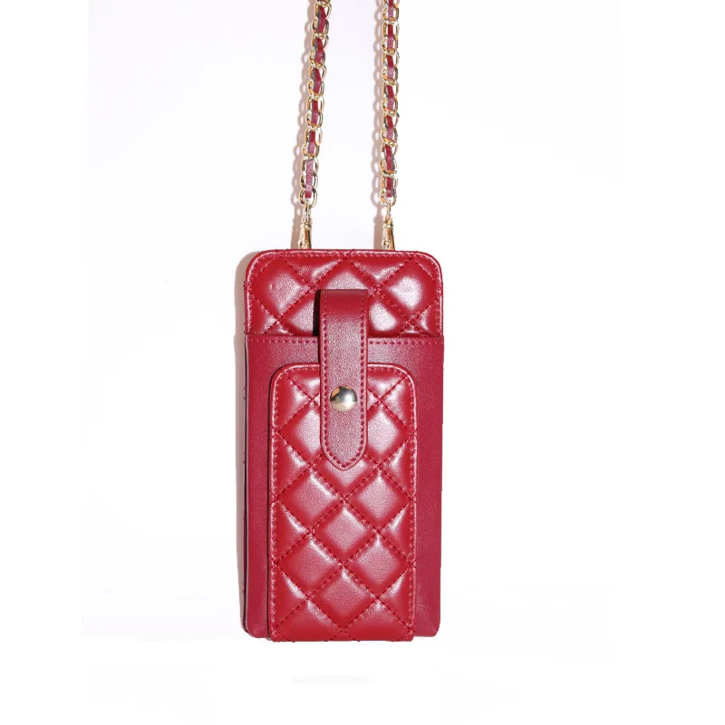 

2021 New Fashion INS Diamond Lattice Genuine Sheepskin Leather Mobile Phone Bags with Chain Phone Tote Clutch Leather Bag