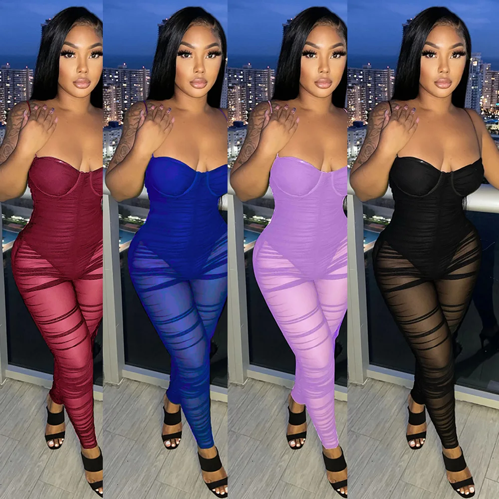 

2021 Women Clothing Fashion Summer Bodycon Jumpsuits Pants Girls' Sexy Outfits Clothes One Piece Mesh Jumpsuits For Ladies