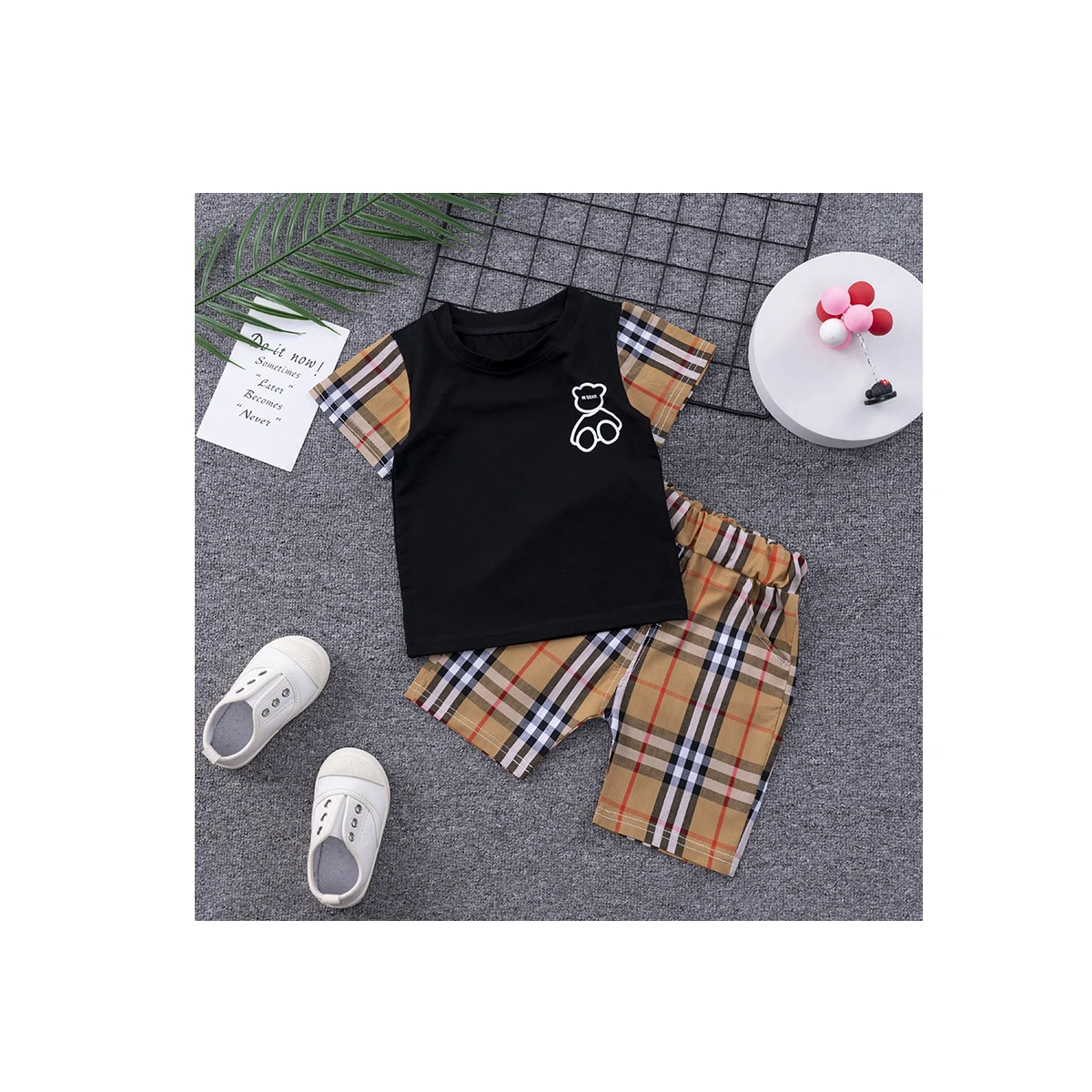 

High Quality Summer Cartoon Plaid Print Pocket T-Shirt Shorts Kids Boy Clothes Baby Boys Clothing Sets