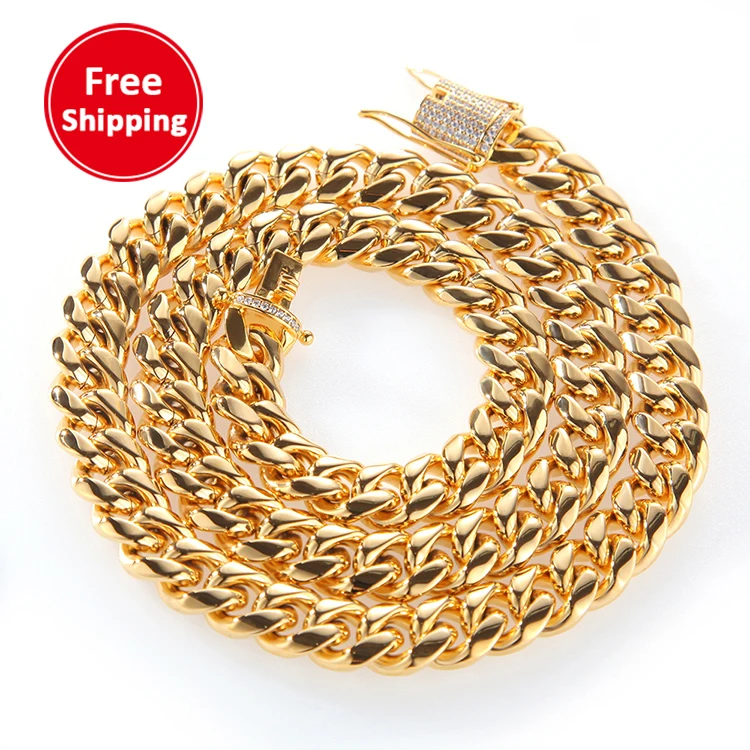 

Hip Hop Micro-inlaid Zircon Stainless Steel Cuban Chain Double Side Buckle Head Color Preserving Electroplating Gold Cuban Chain, Optional