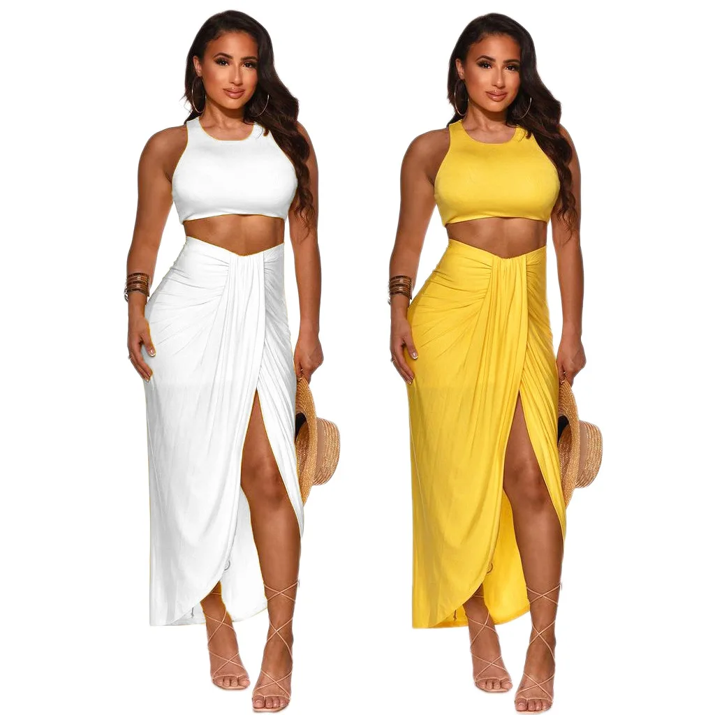 

Women Solid Color Sleeveless Crop Top Two Pieces Wrap Skirt Set