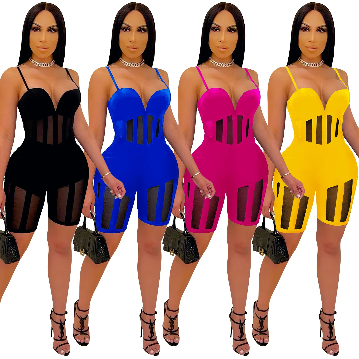 

Trendy 2021 Summer Women Sexy Black Strapless Chain Halter One Piece Short Bodycon Jumpsuit with Waist Chain