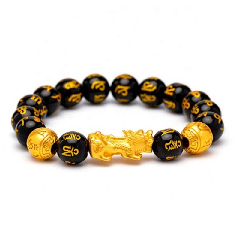 

LONGYAO Chinese Feng Shui Pi Xiu Obsidian Wristband Gold Wealth & Good Luck Pixiu Women Bracelets, Black