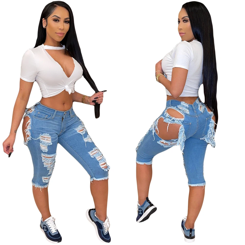 

2022 summer fashion sexy cutout hole front sashes distressed denim jean skinny shorts women'pants, Picture color