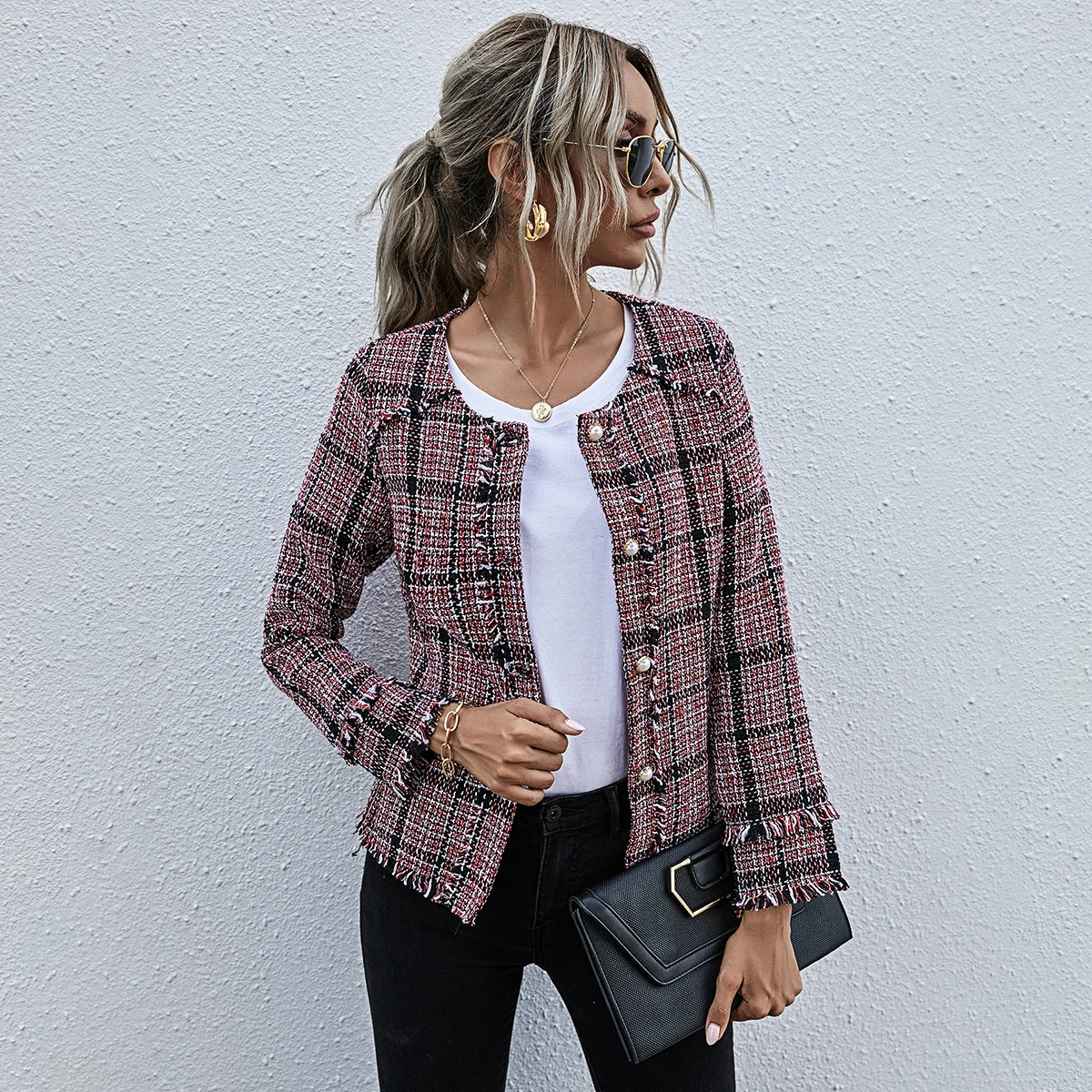 

SHEIN Hot Sale Frayed Trim Tweed Coat Ladies Temperament Elegant Plaid Jacket, Customized color
