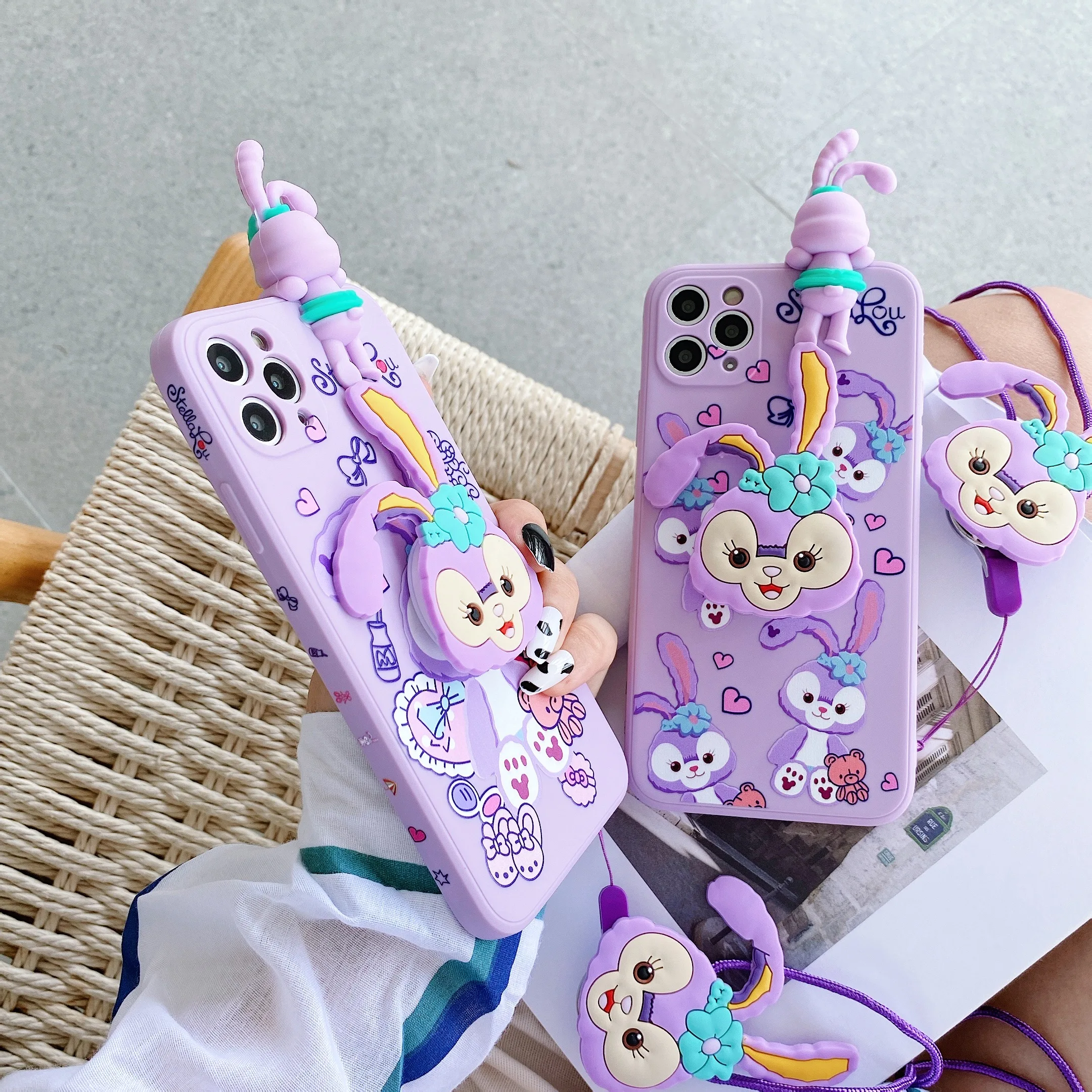 

For iPhone 12 Pro Max XR Xs Max 6 7 8 Plus Side Edge Printing 3D Cartoon Cute Stellalou Doll Holder Stand Strap Soft Phone Case