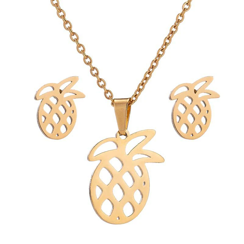 

Creative Fashion Style Gold Silver Plated Stainless Jewelry Women Charm Pineapple Shape Pendant Earring Necklace Set For Girls, Silver & gold color