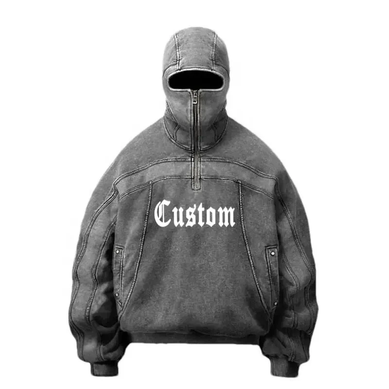 French Terry Cotton Half Zip Hoodie Contrast Stitch