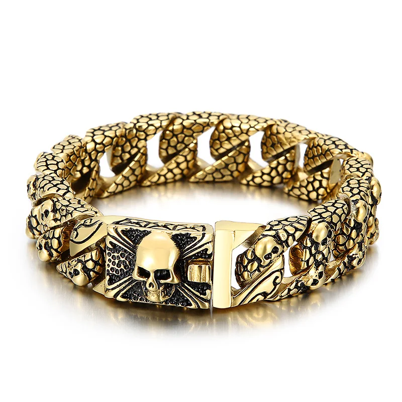 

KALEN Hiphop Fashion Vacuum Plating Black Patten Skull Casting Bracelet Men Stainless Steel Jewelry Bracelets Bangles