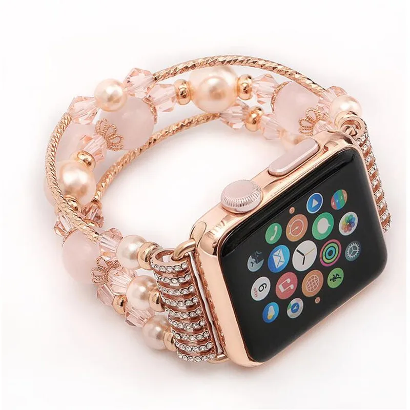 

Fashion Elastic Stretch Faux Pearl Natural Stone Bracelet Replacement Band for Apple Watch band Series 5 4 3 2 iWatch strap, Optional
