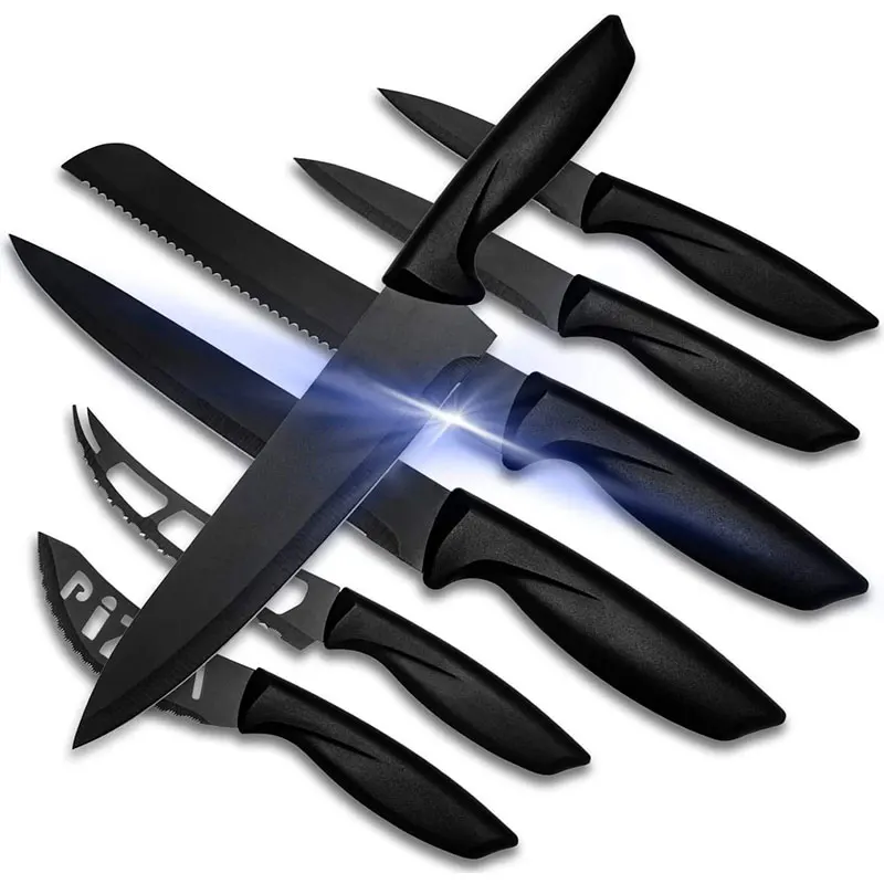 

Yangjiang factory Amazon 7 Piece Stainless Steel Black Knives Set For Kitchen with pp handle