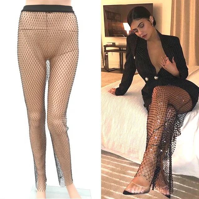 

C016 New Design Women's Sexy Fishnet Long Pants Ladies' Black Loose Trousers crystals Beach Club Party Trousers, Black with crystal ,black with crystal ab, other colors and sizes ok