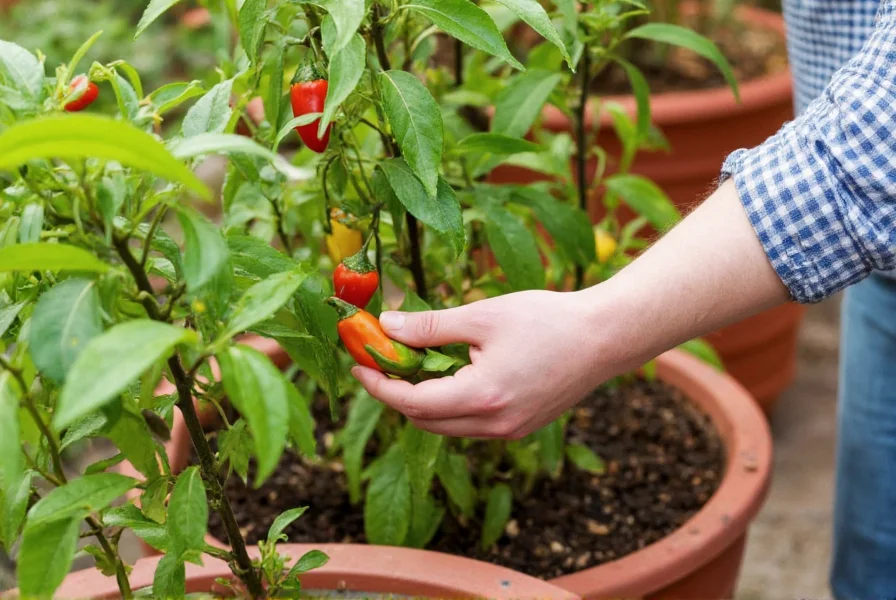 Home gardener harvesting ripe chilli peppers from a thriving container garden