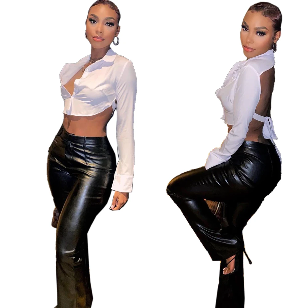 

New Fashion Sexy Women Top Open back hollow out long sleeve lace up Lapel shirt