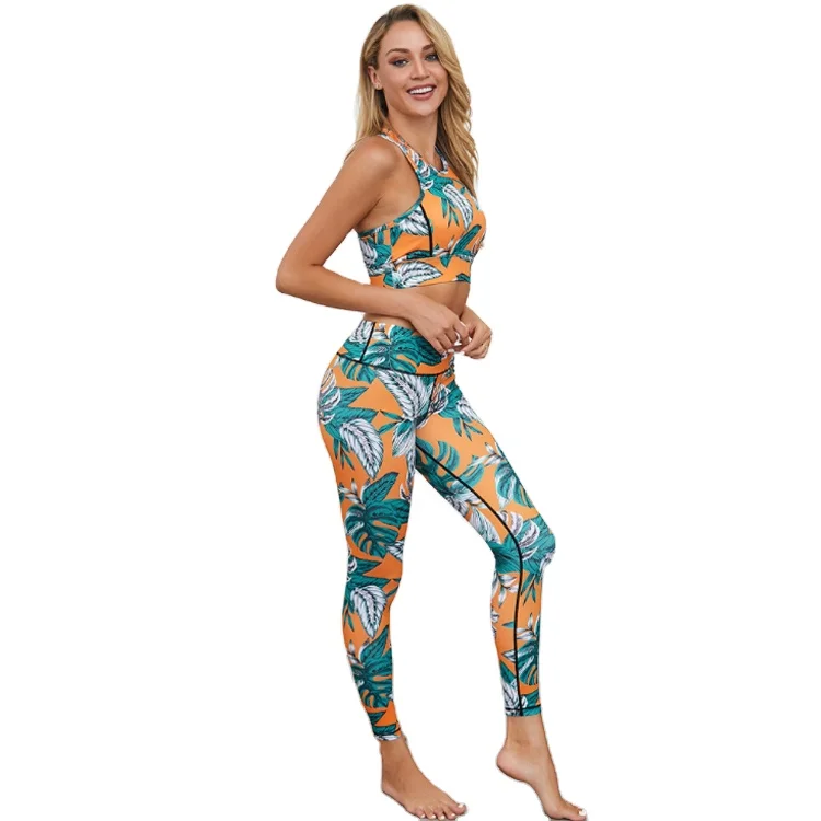 

New Fitness Sportswear Sexy Bra Set Yoga Ladies High Waist Printing Yoga Block 2021 Women'S Polyester Yoga Set