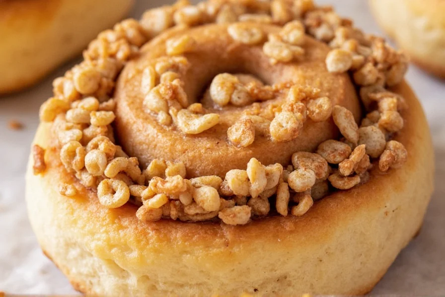 Close-up of cinnamon toast crunch cinnamon roll showing the crunchy cereal topping adhered to the soft dough