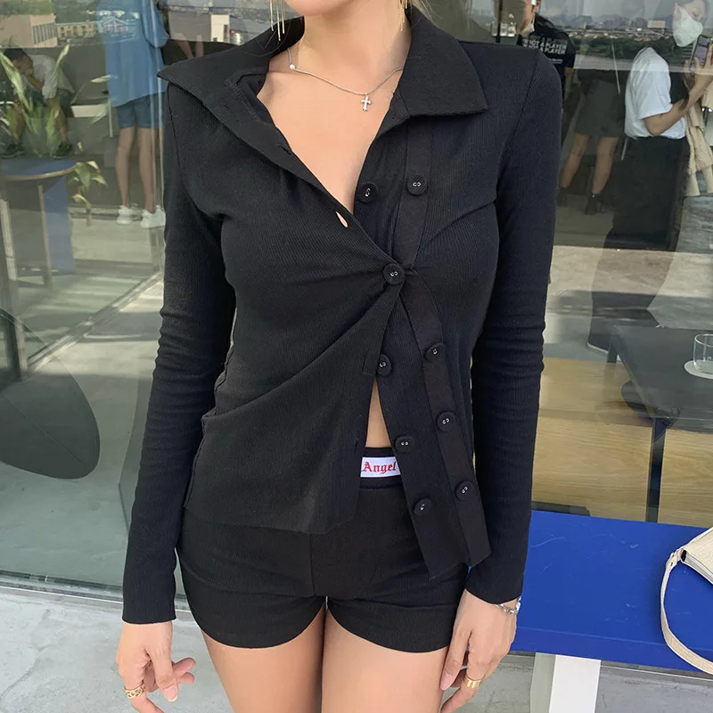 

Autumn Fall new style women clothes double-breasted knit long sleeve rib women tops blouse, White,black,khaki