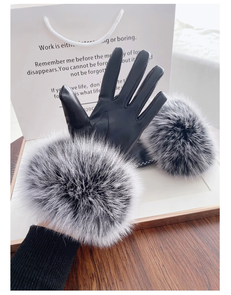 
Ladies winter leather sheep leather warm fox fur stylish and elegant touch screen gloves 
