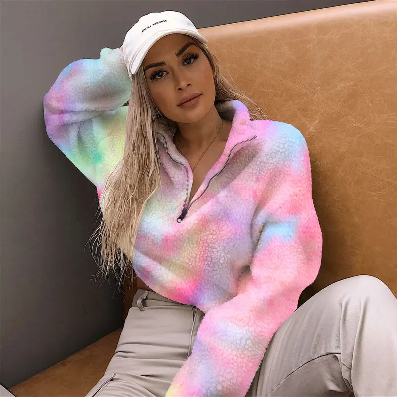

Winter Fleece Sherpa Plush Pullover Colorful Crop Top Hoodies Women Sweatshirts, Customized