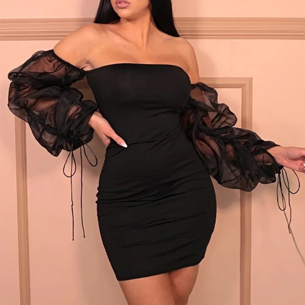 

New Design Women Fashion Drawstring Sexy long sleeve dress off the shoulder black club bodycon dress