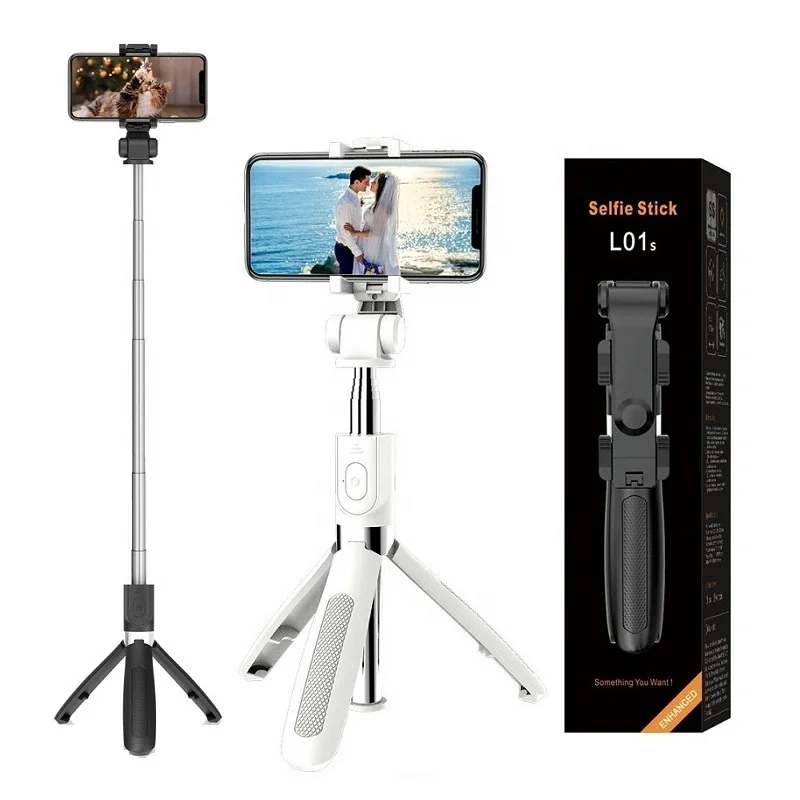 

L01s Extendable Wireless Selfie Stick Blue tooth Tripod 3 in 1 with Remote for Mobile Phones, Black;white
