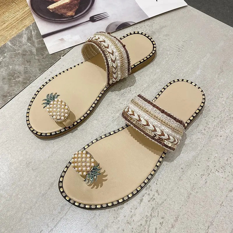 

Summer Hot Selling Pineapple decoration pearl Flip Flop Beach Flat Slippers for Women Fashion for Ladies Slides Woman Slipper, Beige