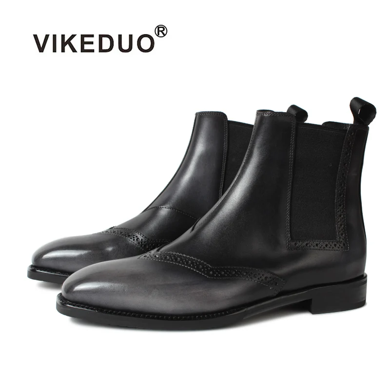 

Vikeduo Hand Made Dark Grey Elegant Calfskin Chelsea Women Boots Ankle Leather Female Brogues Shoes Women