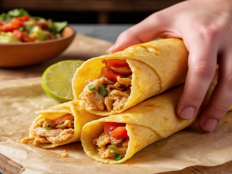 Hand rolling chicken taquito with corn tortilla and filling