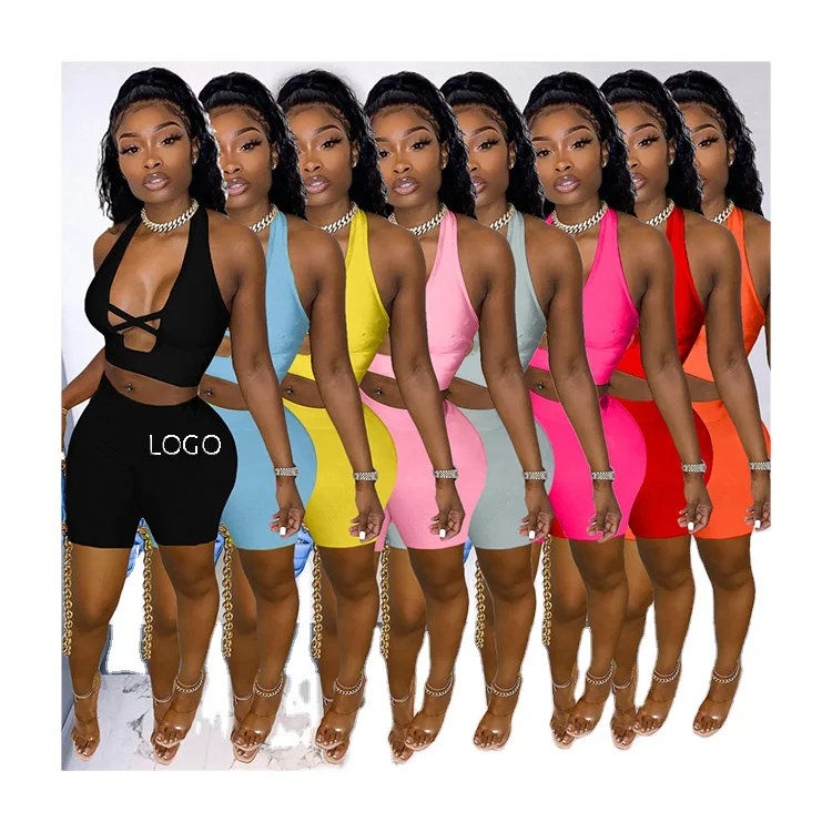 

QC-2130 Hot selling new design rainbow color 2021 short pants two piece outfits tank top two piece short set women
