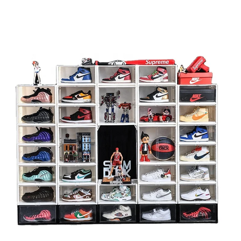 

China Manufacturer Wholesale Plastic Shoe Box Pull-out Type Space-saving Plastic Shoe Box Stackable Sneakers Display Shoe Box, Transparent white