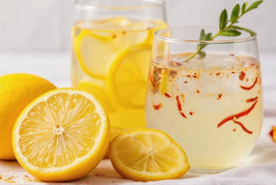 Close-up of cayenne pepper lemon water in a glass with fresh lemon slices and cayenne flakes