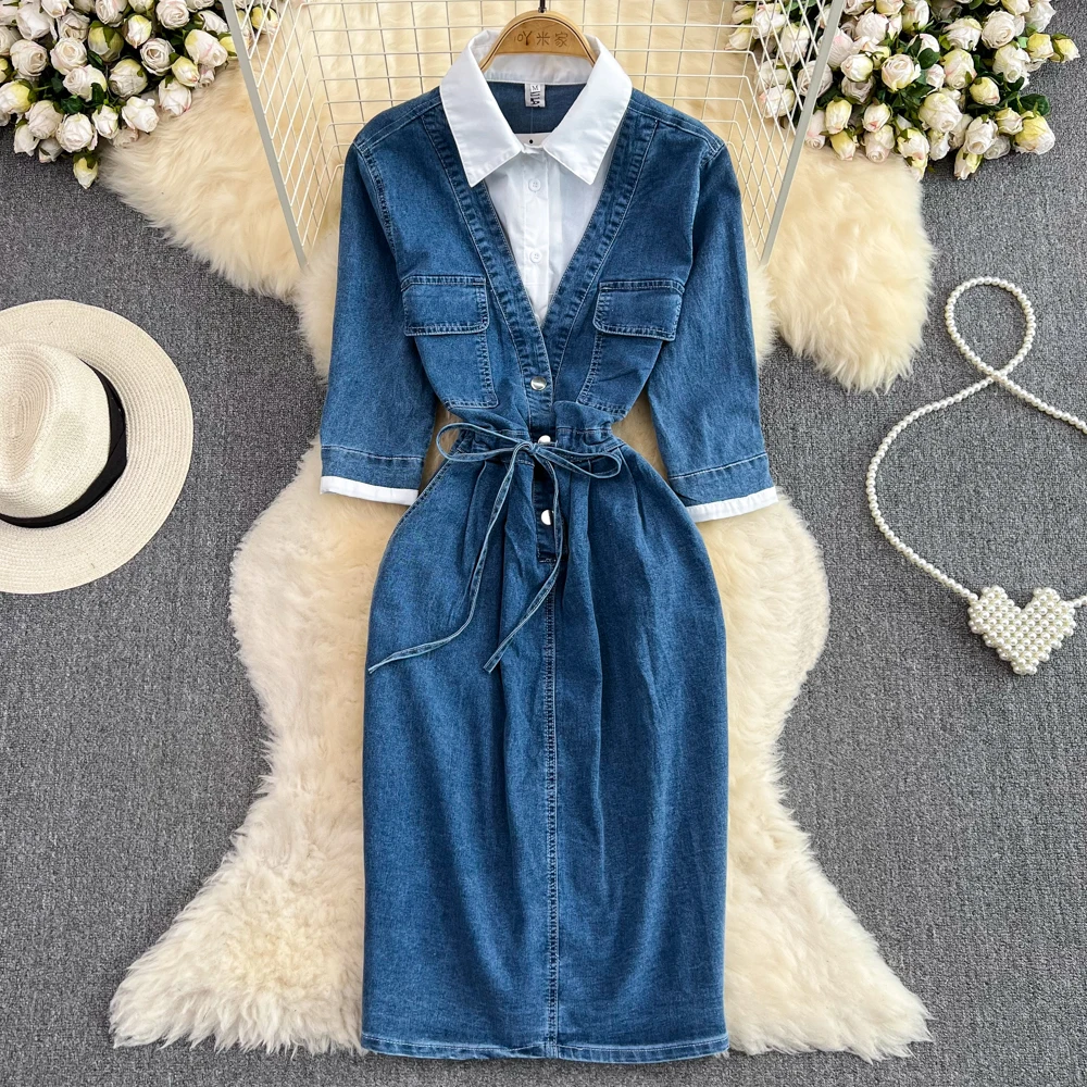 Lapel Color Patchwork Denim Dress 2023 Spring And Autumn Season New Korean Version Of Mid-Length Shirt Dress