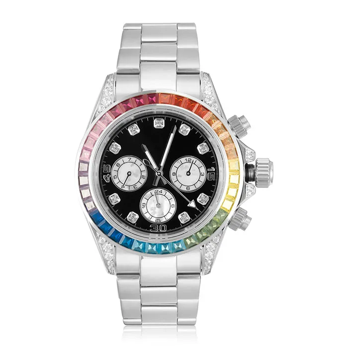 

White Gold Plated Stainless Steel Rainbow Diamond Watch Back Water Resistant