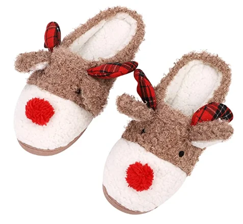 

Ladies Christmas Cute Winter Warm Slippers Soft Waterproof Indoor Fluffy Home Slides Bedroom Household Shoes, Brown