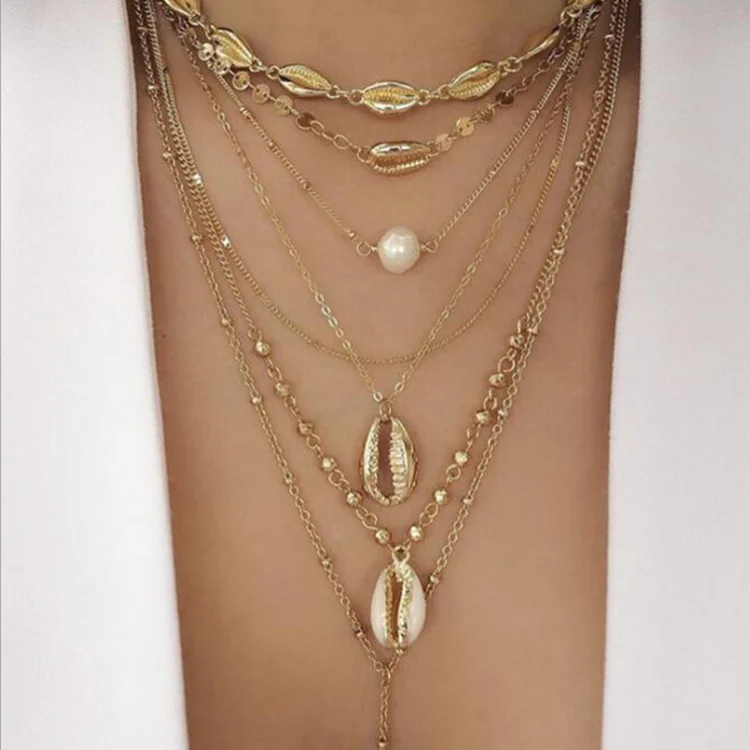

Factory sales jewelry creative multi-layered pearl sequins gold plated layered 3 layer necklace fashion trend retro shell choker