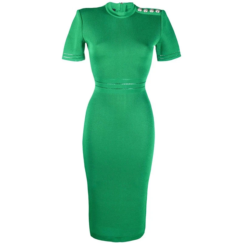 

European Designing Unique Emerald Green Zipper on Back Sheath Knee-length Women Knit Dress with Shoulder Pads