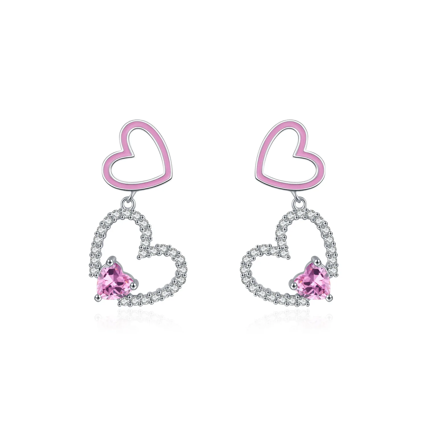 Fashion Hot Sale Fine Jewelry Love Earrings 925 Sterling Silver Pink Enamel Heart Dangle Earrings for Jewelry Gifts