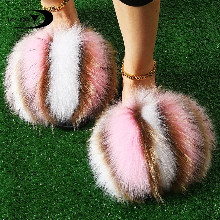 

2021 New Design Flat Slippers 2021 Real Raccoon Fur Ladies Custom Logo Women Fluffy Fur Slippers, Customized color