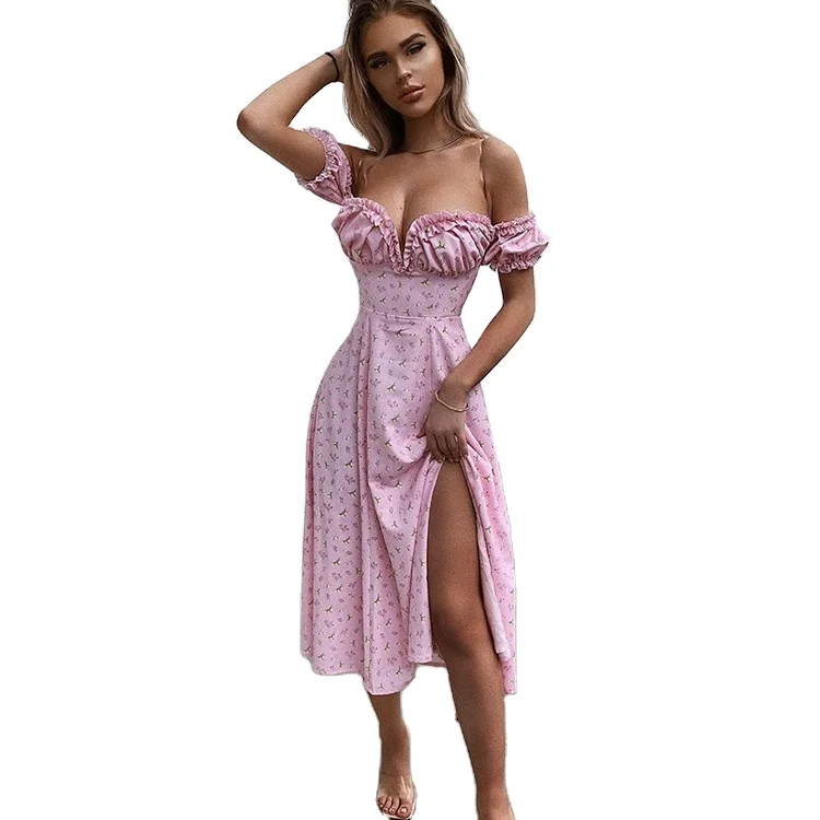 

Ruffled Strapless Off Shoulder Floral Summer Sexy Pink Dress