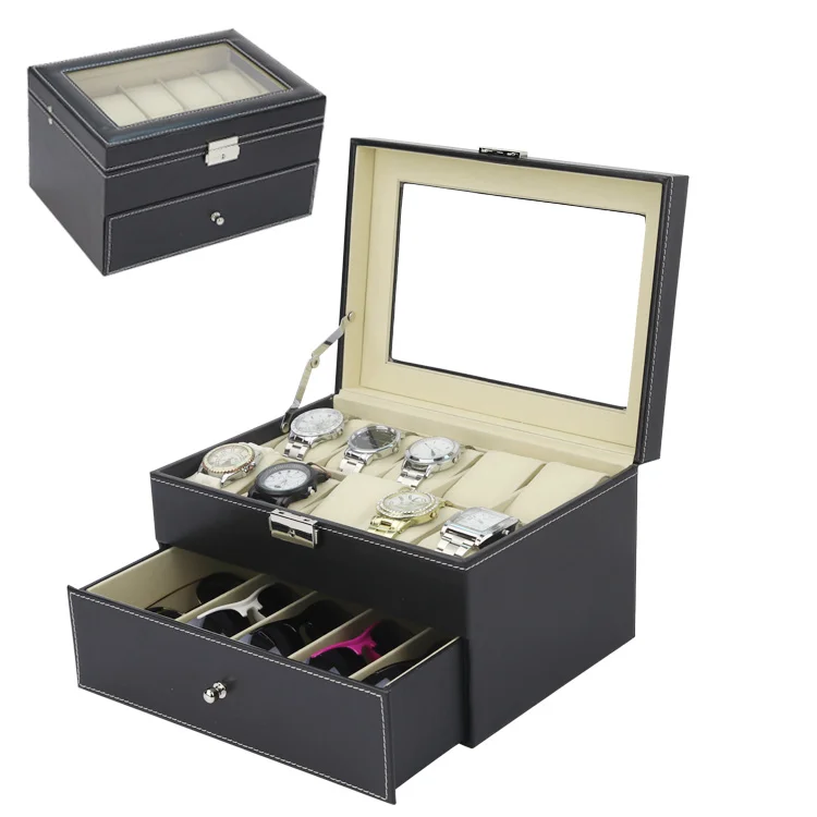 

Spot Wholesale Jewelry Box For Sunglass 10 Slots Watch +5 Slots Sunglasses 2 Layer Multifunctional Packaging Case